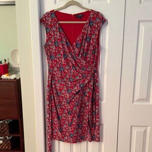 Lauren Ralph Lauren Red Floral Faux-Wrap Midi Dress with Navy and White Flowers